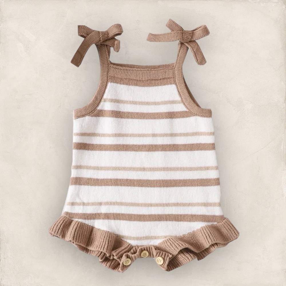 White and Tan Striped Knit Tie-Shoulder Baby One-Piece